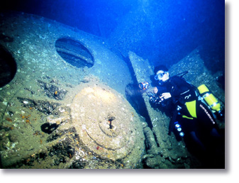 Mayumi in Engine room in the Coolidge, 46m deep, Espiritu Santo, Vanuatu